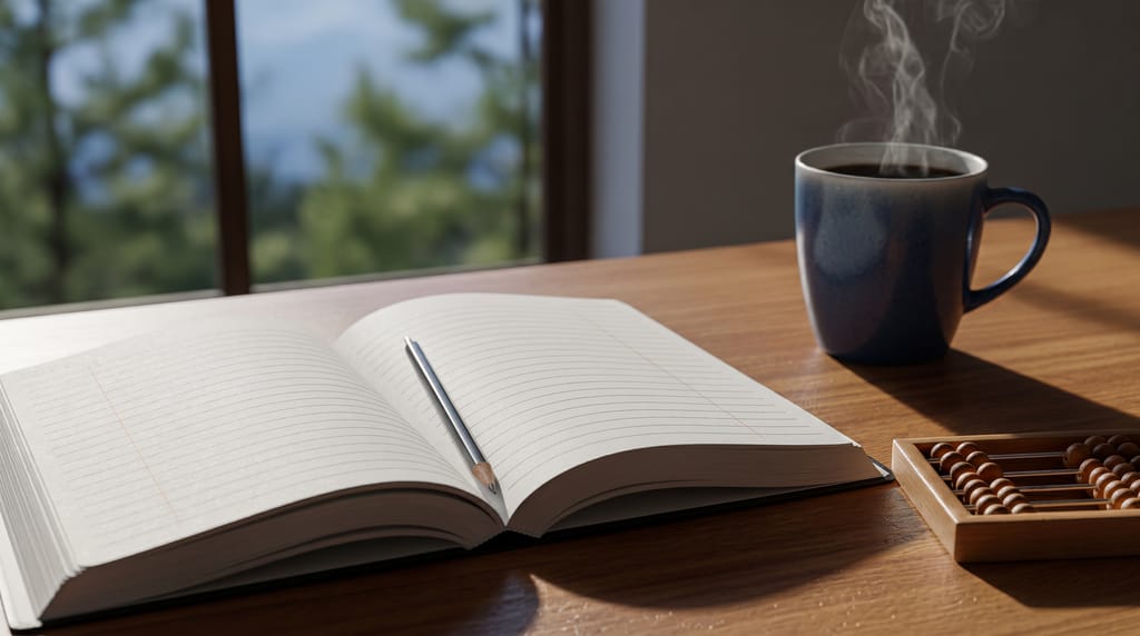 An open ledger of blank ruled paper on a wooden desk, a pencil resting in the gutter, a wooden bead abacus and a mug of coffee beside it, pines through the window.