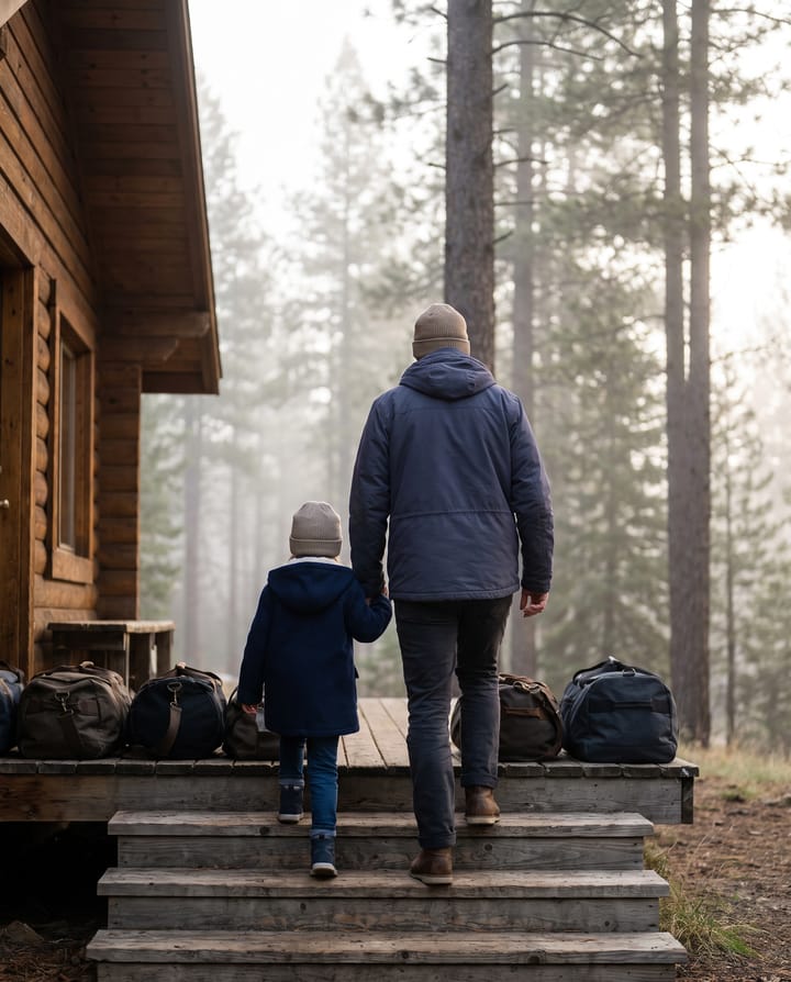 An adult and a child seen from behind walking up to the porch of a timber camp cabin, duffel bags lined along its edge, pines and a misty lake behind.