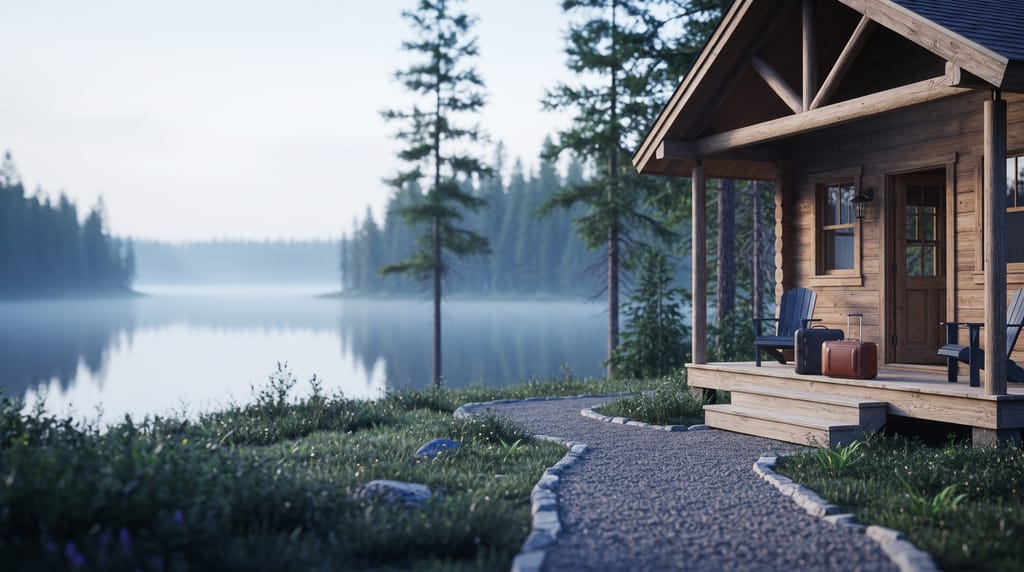 A timber lakeside cabin in morning mist, two rolling suitcases left on the porch steps by the open front door, two chairs on the porch, a gravel path leading to it, a lake and pines behind.