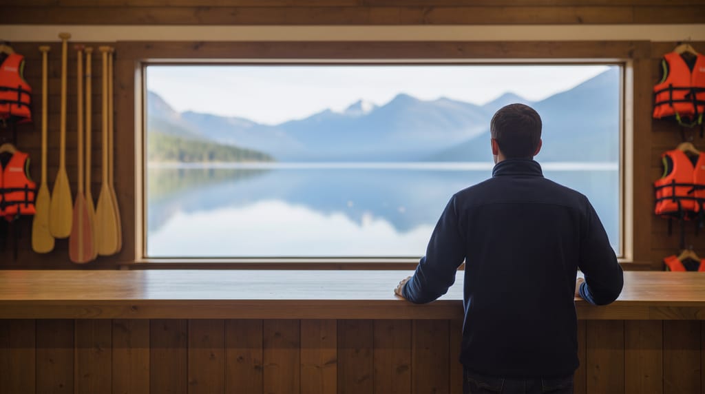 A rental-shop worker in a navy fleece seen from behind at a long wooden counter, life jackets and wooden paddles on the wall, a lake with mountains through the wide window.