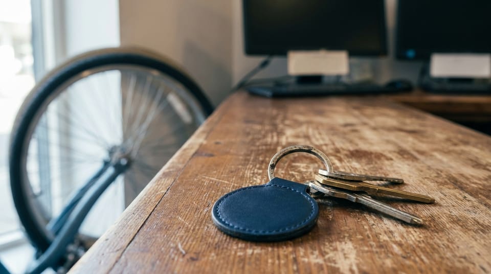 A ring of keys on a blank navy leather fob lying on a wooden rental counter, a bicycle wheel soft behind.