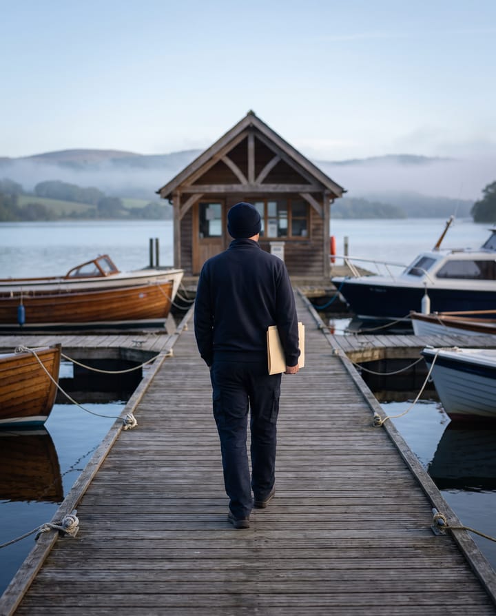 A person walking away down a floating dock toward a small timber marina office, boats moored either side along the finger piers, a lake and low hills beyond.