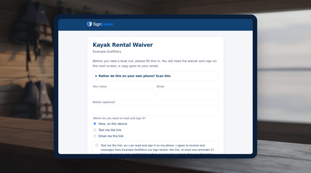 A tablet on a rental-shop counter, life jackets behind, showing the SignSealer public form for a kayak rental waiver: name, email, mobile, and where to read and sign it.